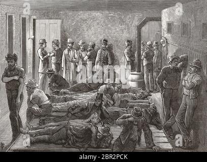 Isolation von Obdachlosen während einer Pockenepidemie in New York, USA im späten 19. Jahrhundert. In New York und anderen großen Städten der Welt kam es häufig zu Ausbrüchen von ansteckenden Krankheiten in Slumgebieten. Nach einer Illustration in einer Ausgabe von Frank Leslie’s Illustrated Newspaper von 1879. Stockfoto