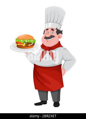 Schöner Koch Cartoon Charakter hält großen Burger. Fröhlicher Koch in professioneller Uniform. Vektorgrafik Stock Vektor