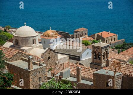 Kirche Panagia Chryssafitissa in der alten Bergstadt Monemvasia Stockfoto