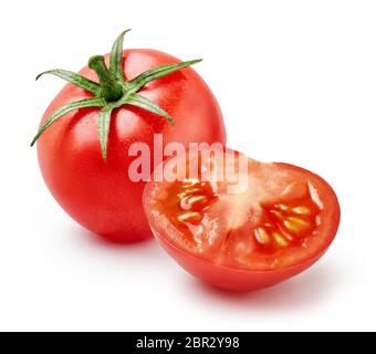 Eine rote Tomate mit einer Hälfte der Tomate auf weißem Hintergrund isoliert Stockfoto