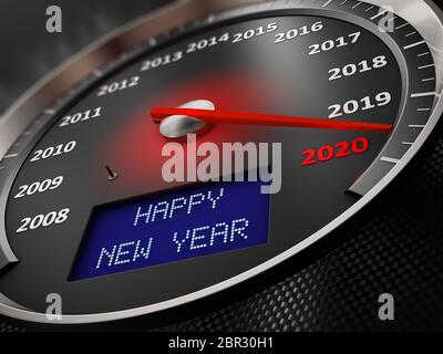Der Tachometer zeigt an 2020 und die Inschrift auf dem Bildschirm: ein Frohes Neues Jahr. 3D-Rendering Stockfoto