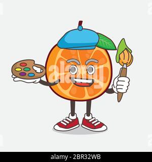 Eine Illustration von Orange Obst Cartoon Maskottchen Charakter Maler Stil mit Kunst Pinsel Stock Vektor