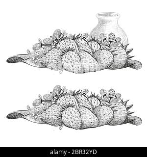 Erdbeere und Glas Milch auf weißem Hintergrund. Vektorgrafik im Skizzenstil. Stock Vektor