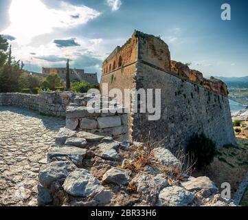 Impressionen von der Palamidi Burg auf dem Hügel oberhalb von Nafplio Stadt in Griechenland, Europa Stockfoto
