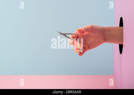 Frau Hand halten Schere für Maniküre auf blauem und rosa Hintergrund Stockfoto