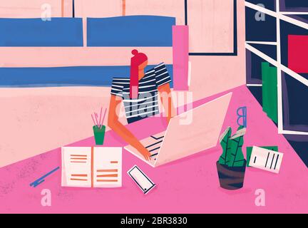 Telearbeiter, die Telearbeit in der Home Office-Umgebung erledigen. Arbeiten Sie von zu Hause aus. Farbenfrohe konzeptuelle Illustration. Stockfoto