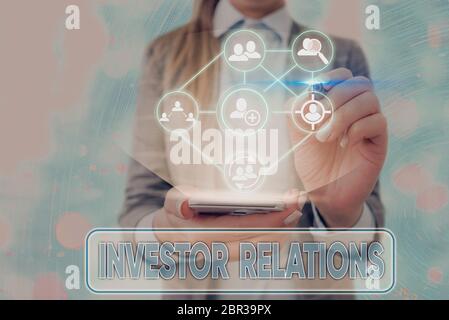 Handschriftertext zum Schreiben von Investor Relations. Konzeptionelle Verantwortung für das Fotomanagement, die Finanzierungen integriert Stockfoto