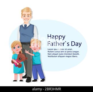 Grußkarte zum Vatertag. Schöner Vater steht mit seinen Kindern. Vektorgrafik Stock Vektor