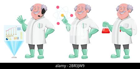 Professor Cartoon-Charakter, Satz von drei Posen. Verwendbar auch als Wissenschaftler, Chemiker, Laborant, Erfinder, Lehrer etc. Vektor-Illustration o Stock Vektor