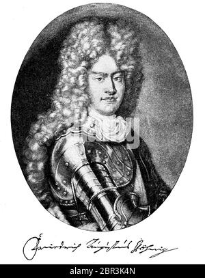 Friedrich August I. von Sachsen, genannt August der starke, 12. Mai 1670 - 1. Februar 1733, aus der Albertinlinie der Wettin war ab 1694 Kurfürst und Herzog von Sachsen und ab 1697 in Personalunion als Augustus II., König von Polen-Litauen. / Friedrich August I. von Sachsen, genannt August der starke, 12. 1670. - 1. Mai. Februar 1733, aus der albertinischen Linie der Wettiner war ab 1694 Kurfürst und Herzog von Sachsen sowie ab 1697 in Personalunion als August II. König von Polen-Litauen, historisch, historisch, digital verbesserte Reproduktion eines Originals aus dem 19. Jahrhundert / digitale R Stockfoto