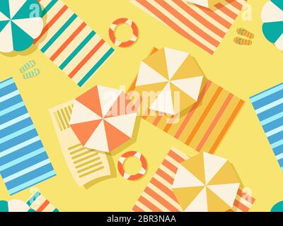 Nahtloses Strandmuster, Draufsicht. Chaiselongue mit Sonnenschirm und Handtuch auf dem Sand. Flaches Design. Sommer Strandurlaub. Vektorgrafik Stock Vektor