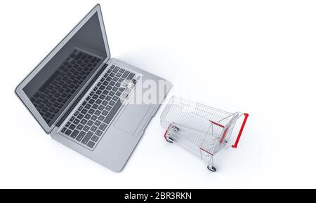 Warenkorb auf einer Notebook-Tastatur. Online-Shopping-Konzept. 3d-Rendering. Niemand da. Stockfoto