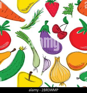 Nahtlose Muster farbige Freihand Zeichnung Obst und Gemüse. Vektorgrafik isoliert auf weiß. Bright Set gesunde Lebensmittel. Stock Vektor