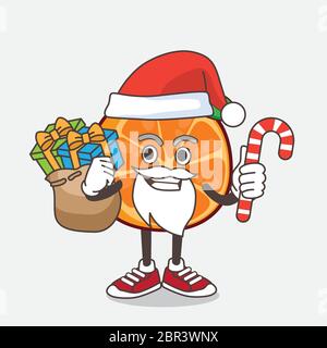 Eine Illustration von Orange Obst Cartoon Maskottchen Charakter im Weihnachtsmann Kostüm mit Süßigkeiten Stock Vektor