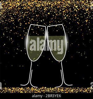 Zwei funkelnde Gläser auf gelbem Konfetti. Champagner Celeration. Alkoholisches Fizzy-Getränk. Herzlichen Glückwunsch. Prost Stockfoto