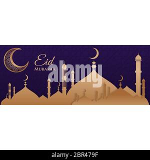Goldene Halbmond eid mubarak Text Moschee Illustration Stock Vektor