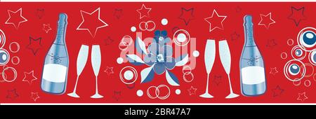 Champagner-Symbole und Sterne Vektor nahtlose Grenze. Champagner Flöten, Flaschen, Fizz, Blumenstrauß rot, blau, weiß Banner. Stylische, wiederholte Kanten Stock Vektor