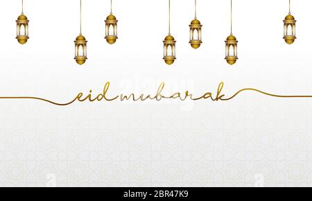 eid mubarak handschriftlich mit Laternen und Ornamenten Dekoration islamischen Design verführen Stock Vektor