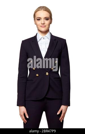 Studio Portrait von jungen zuversichtlich elegante Geschäftsfrau in einem dunklen Anzug. Stockfoto