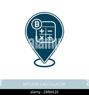 Taschenrechner mit bitcoin Zeichen pin Symbol Karte. Kartenzeiger. Karte Markierungen. Vektor Design von blockchain Technologie, bitcoin, cryptocurrency altcoins, Bergbau, Stockfoto