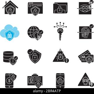 Schwarze Glyphen-Symbole für das Internet-Sicherheitssystem auf weißem Raum Stock Vektor