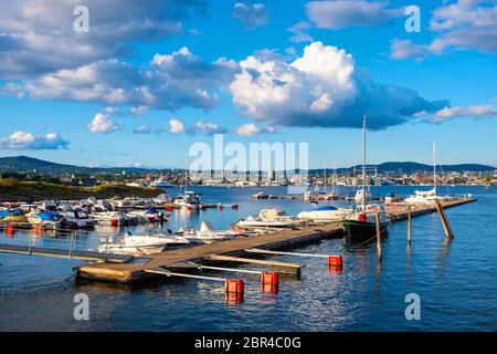 Oslo, Ostlandet / Norwegen - 2019/09/02: Panoramablick auf die Nakholmen-Inselmarina am Oslofjord-Hafen mit dem Stadtzentrum von Oslo im Hintergrund Stockfoto