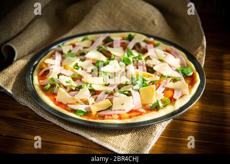 Rohe Pizza mit sortierter Füllung in Metallform Stockfoto