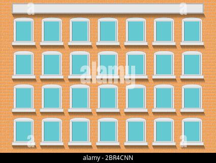 Hintergrund der Fassade mit Ziegeln und Fenstern Stockfoto