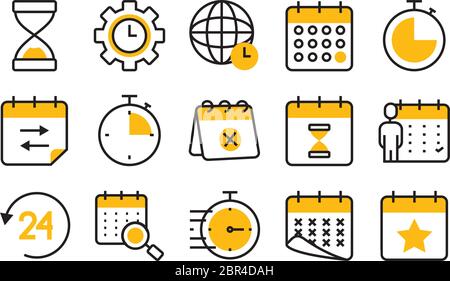 Globale Kugel und Kalendersymbol auf weißem Hintergrund, Halbzeilensymbol, Vektorgrafik Stock Vektor