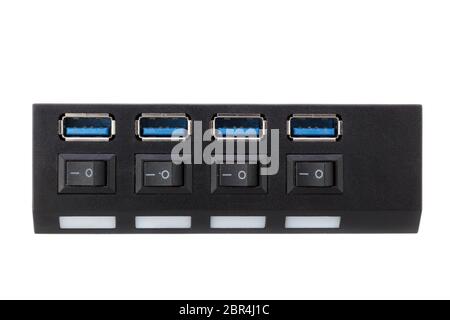 Schwarz, USB3-Dock mit leeren Anschlüsse auf weißem Hintergrund Stockfoto