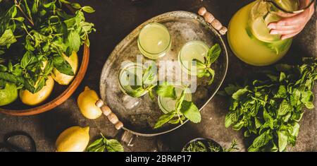 Frische hausgemachte Limonade in Tablett. Womans Hand halten Kanne mit kalten Zitruslimonade mit frischer Minze über grauem Marmor Küchentheke und orientalischen Fliesen fl Stockfoto