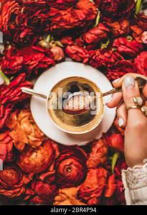 Flach-legen von Frauen Hand halten Löffel schwarzen Espresso Kaffee über weißem Porzellan Tasse und roten Ranunculus Blume Hintergrund, Draufsicht. Saisonaler Sprotte Stockfoto