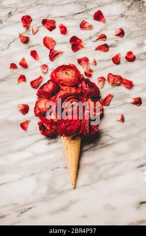 Flacher Lay von Eis Waffel Kegel mit Kugel von rot blühenden Ranunculus Blumen über weißem Marmor Tisch Hintergrund mit Blütenblättern. Saisonaler Frühling oder Summe Stockfoto