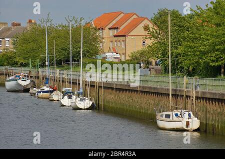 Segelboote liegen auf dem Wasser mit Häusern und Bäumen am Flussufer in Boston Lincolnshire. Stockfoto