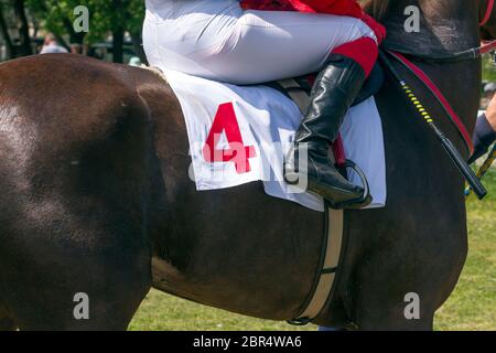 Jockey sitzen im Sattel auf einem Pferd. Stockfoto