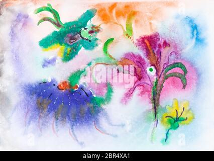 Abstrakte bunte Blumen auf der Wiese handbemalt durch Aquarelle auf weißem Papier Stockfoto