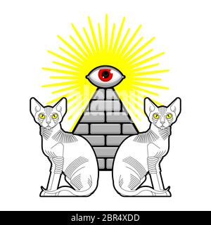 Sphinx Katze und ägyptische Pyramide. Das heilige Tier von Ägypten. Geheimnis mystischen Haustier Zeichen Stock Vektor