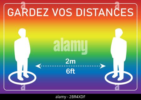 Vektordarstellung der sozialen Distanzierung. Halten Sie Ihre Distanz in französisch (Gardez vos Distanzen). Symbole für die Position der Person. 2 Meter. Weiße Symbole Stock Vektor