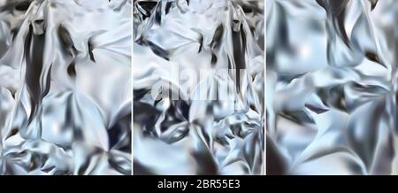 Silberfolie. 3d realistische Silber Textur, Glanz Silber, Metall.drei verschiedene Aluminium-Silberfolie. Vektorgrafik festlegen. Stock Vektor