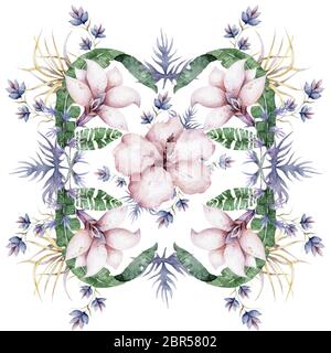 Handgezeichnetes Aquarell-Nahtloses Muster mit roten, weißen und blauen Rosen, Pfingstrosen- und Fliederblüten und grünen Blättern. Isoliert auf weißem Hintergrund für Stockfoto