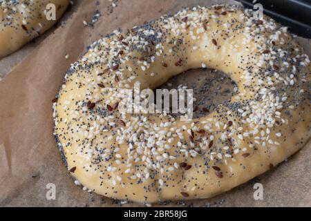 Hausgemachte Zubereitung Bagel mit Samen Stockfoto