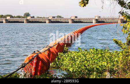 Orangenabfälle fangen Bojen im Fluss nahe dem Damm. Stockfoto