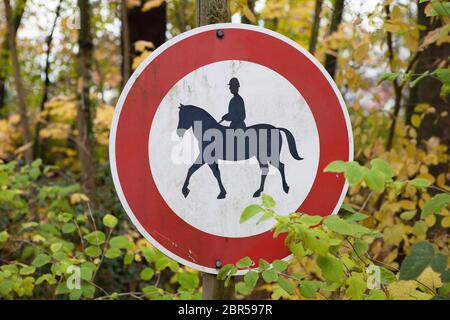 Reiten verboten Zeichen in einem Wald Stockfoto