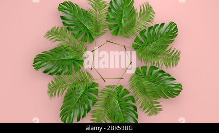 Realistische Palmblättern auf Korallen leben Hintergrund für kosmetische ad oder modeillustration. Tropische frame exotische Banane Palm. 3D-Rendering Stockfoto