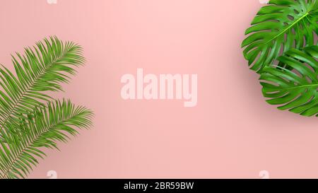 Realistische Palmblättern auf Korallen leben Hintergrund für kosmetische ad oder modeillustration. Tropische frame exotische Banane Palm. 3D-Rendering Stockfoto