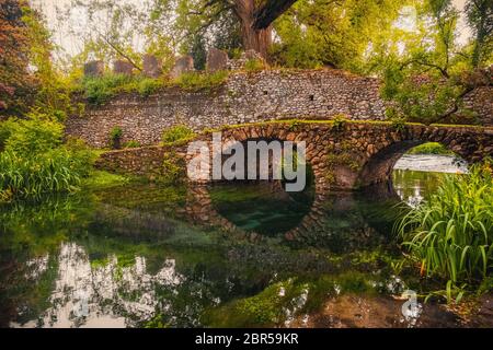 Traumhafte mittelalterliche Fantasie Wald Märchen Landschaft Fluss Brücke. Stockfoto