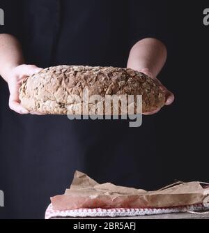 Weibliche Hände halten, ovale, gebackenem Roggenbrot mit Kürbissamen, dunklen Hintergrund Stockfoto
