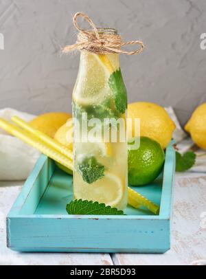 Kaltes Getränk mit Zitronen, Minze, Limette in einer Glasflasche, in der Nähe der Zutaten für Limonade Stockfoto