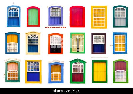 Collage aus bunten rustikalen vintage Holzfenster auf weißem Hintergrund. Stockfoto