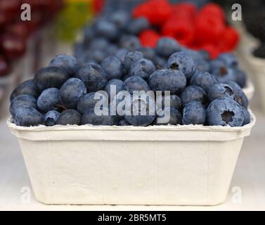 Schließen Sie herauf frische Heidelbeeren Beeren in Papier Container auf Retail Anzeige der Farmers Market, Low Angle Seitenansicht Stockfoto